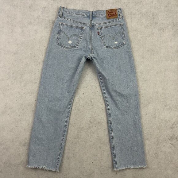 Levis 501 Jeans Womens 29X26 Blue High Rise Button Fly Crop Distressed Denim - Picture 4 of 14